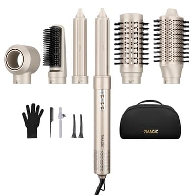 7MAGIC 6 in 1 Multi Hair Styler Dryer Brush, 110,000 RPM High-Speed, Negative Ionic, Fast Drying for Professional Blow Dry, Curling, Volumizing, Straightening and Styling, Gold