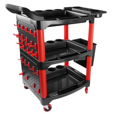 DESEQPT Auto Detailing Cart with Wheels, 3 Tier Rolling Detail Cart with Long Hanging Plate & Hooks & Hanging Bucket & Cat Ear Basket, for Detailers Garage, Workshop, Repair Shop, Storage Tool
