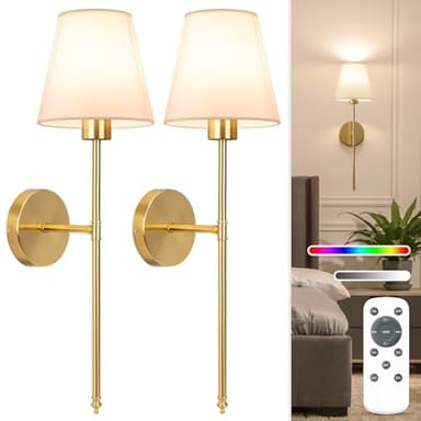 NIORSUN Battery Operated Wall Sconce Set of 2,Gold Rechargeable Wall Lights with 5200mAh Dimmable Bulbs and Remote,10 Colors Wireless Wall Lamps for Bedroom Living Room Hallway Decor
