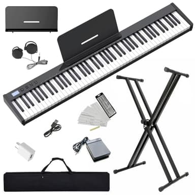 NikoMaku Semi-weighted 88 Keys Piano Keyboard Compact Portable Digital Piano Set for Beginners with Stand, Carrying Case, Sustain Pedal, Headphones, SWAN-S Black