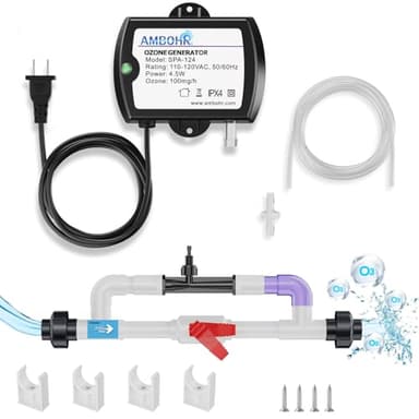 Venturi Ozone System and Ambohr Spa 124 Ozone Generator Water Treatment Kit for Cold Plunge, Hot Tub, Swimming Pool, 3/4" PVC Connection, Easy Monitoring, Plug and Play, Universal Compatibility
