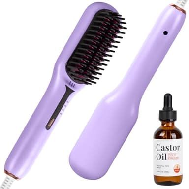Hair Straightener Brush, Flat Iron Comb with 2oz Castor Oil for Hair, Purple