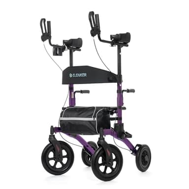 ELENKER All-Terrain Upright Rollator Walker, Stand up Rolling Walker with Seat, 12” Non-Pneumatic Wheels, Compact Folding Design for Seniors, Purple