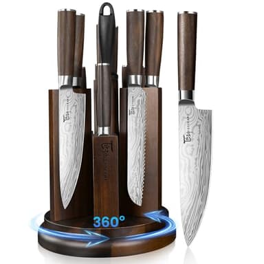 SYOKAMI Kitchen Knife Set with Magnetic Block and Sharpener 14 Piece Knife Set 360° Rotatable Holder Ultra Sharp High Carbon Stainless Steel Knives Sets with Steak Knives, Ideal Gift