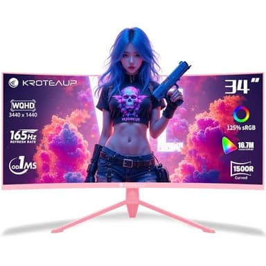 Kroteaup Pink 34 Inch Curved Gaming Monitor 4K, 3440x1440 165Hz Ultrawide Computer Monitor, 1500R -Pip 1ms(Mprt) ‌HDR400 125% sRGB, Dci-P3 92%, HDMI/DP, Port, Suitable for Games and Office Work