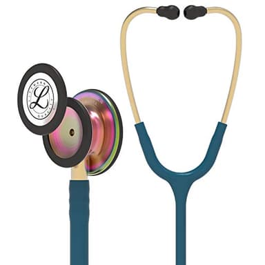 3M Littmann Classic III Monitoring Stethoscope, 5807, More Than 2X as Loud, Weighs Less, Stainless Steel Rainbow-Finish Chestpiece, 27" Caribbean Blue Tube, Brass Stem and Headset