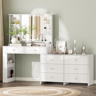 Ieejdn Makeup Vanity Desk with Mirror and Lights, Vanity Desk with 8 Drawers & Storage Shelves, Vanity Table with Power Outlet, 3 Color Modes & Adjustable Brightness Dressing Table, Bedroom,White