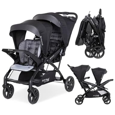 Baby Trend Double Stroller with Canopy Visors, Storage Basket and 2 Cup Holders, Sit N' Stand 2.0 DLX, Stormy – Foldable Infant and Toddler Tandem Stroller and Travel System