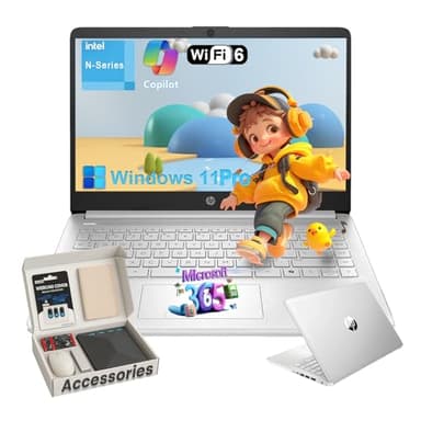 HP Student Business Laptop Computer - w/Microsoft Office Lifetime & External DVD Drive • 16GB RAM • 128GB UFS & 256GB Extend Micro SD • Intel 4-Core Processor • HD Display • Win11 Pro(Silver)