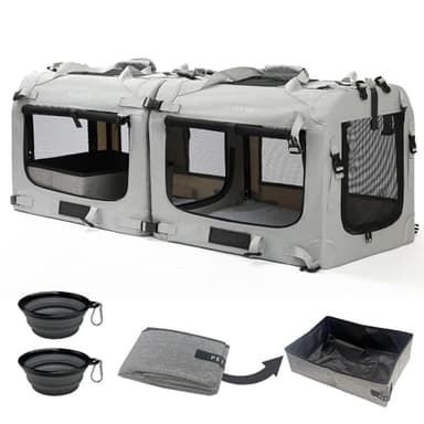 Petseek Extra Large Cat Carrier Soft Sided, Portable Small Dog Carrier for 2 Cats, 24"x16.5"x16" Car Travel Folding Comfortable Design with Litter Box and Bowls, Grey-2+ Litter Box+ Bowl*2