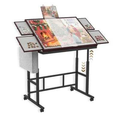 Jigsaw Puzzle Table 1500 Pieces with Legs & Storage Pocket, Height Adjustment & Tilting Puzzle Table for Adults with Drawers, Jigsaw Puzzle Board with Cover and Wheels for All Ages (Coffee Color)