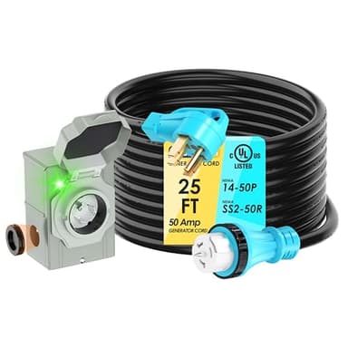 CircleRiver UL Listed 50 Amp 25FT Generator Cord and Power Inlet Box Combo Kit NEMA 14-50P Male to SS2-50R STW 6/3+8/1 AWG 125/250V Twist Locking with Inlet Box for Generator to House