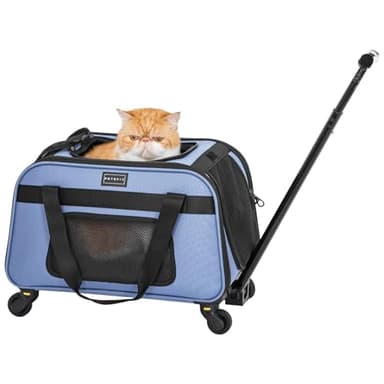 Petsfit Pet Carrier with Wheels, Rolling Cat Carrier for Small Cats, Airline Approved Pet Carrier with Telescopic Handle Perfect for Travelling Under 13lb,Blue
