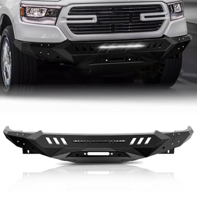 Off Road Front Bumper Fits for Dodge Ram 1500 2019-2024 Steel Winch Bumper w/Skid Plate Built-in Winch Plate and Light Bar Sensor Hole Carbon Steel (Three Packages)