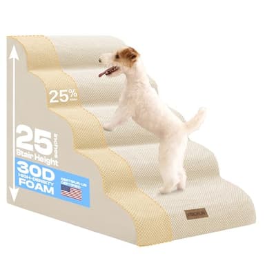 Miorun Extra Wide Dog Stairs for Large Dogs Up to 80lbs, 25" Pet Steps for High Bed with Washable Cover, 5-Step Foam Bed & Couch Ladder for Small Medium Dogs & Senior Cat, Beige