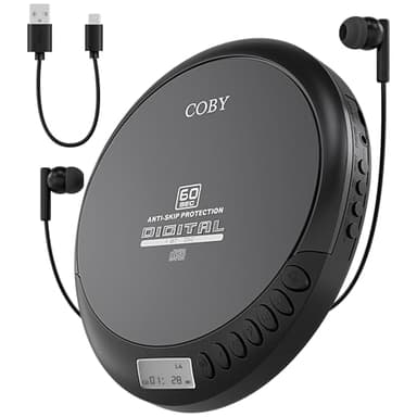 Coby Portable CD Player with FM Radio and 60-Second Anti-Skip Protection – Compact Walkman-Style Disc Player with LCD Display, Stereo Earbuds & USB Power – Ideal for Home, Travel & Car Use