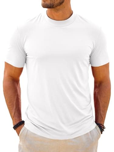 Makkrom Mens Mock Turtleneck T-Shirts Summer Short Sleeve Basic Tees Casual Solid Pullover Tops White