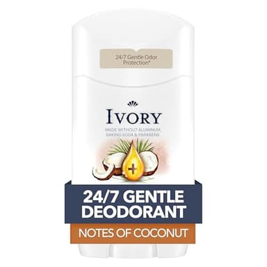 Ivory Aluminum Free Deodorant, Notes of Coconut, 24hr Gentle Deodorant, Dermatologist Tested, Baking Soda Free, Paraben Free, 2.4 oz