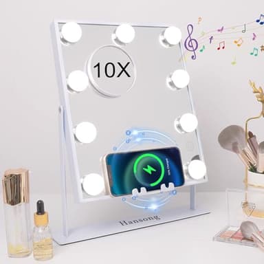 Hansong Lighted Vanity Mirror with Bluetooth Speaker and Wireless Charging Makeup Mirror with Lights 9 Dimmable Bulbs Lighted Makeup Mirror 3 Color Lighting Tabletop (White)