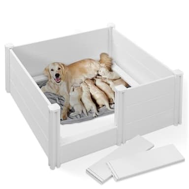 SmithBuilt 48" x 48" x 18" Whelping Box for Dogs and Puppies, Heavy Duty PVC Whelping Pen and Birthing Box with Rails and Adjustable Height Door, White