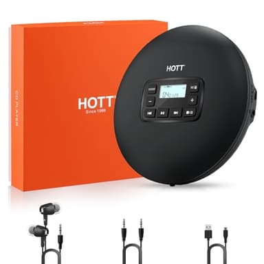 HOTT C204 Basic Portable CD Player with Anti-Skip Protection - AA Battery Powered, Compact MP3/CD-R Compatible, Headphones & AUX Output for Car, Home, Travel