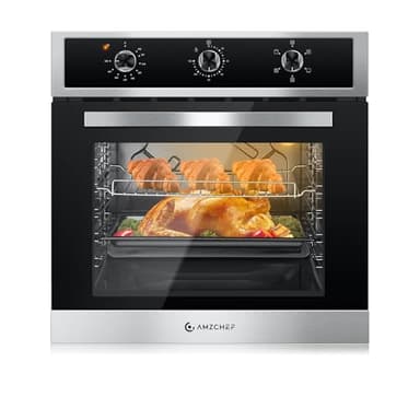 AMZCHEF 24" Single Wall Oven, 2.65 Cu.ft. Built-in Electric Wall Oven with 5 Cooking Functions, 360° ROTATING ROTISSERIE, 2200W, Mechanical Knobs Control, Timer, Stainless Steel Wall Oven for Kitchen