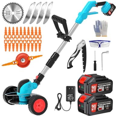 Electric Cordless Weed Wacker Eater Battery Powered, Lightweight No-String Weed Trimmer with 2x 4.0Ah Battery Operated & Wheels, 3 in 1 Stringless Grass Trimmer/Edger/Brush Cutter for Garden Yard Lawn