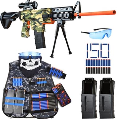 Toy Gun Automatic Sniper Rifle -3 Modes Toy Foam Blasters with Tactical Vest, Bipod, 2 Clips and 150 Darts, Electric Toys for Adults Boys Age 8-12 Gifts for Birthday Xmas