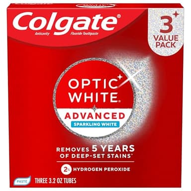 Colgate Optic White Advanced Hydrogen Peroxide Toothpaste, Teeth Whitening Toothpaste Pack, Enamel-Safe Formula, Helps Remove Tea, Coffee, and Wine Stains, Sparkling White, 3 Pack, 3.2 oz