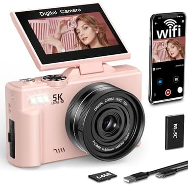 FLATIC Digital Camera, 5K 75MP Cameras for Photography with WiFi & 64GB TF Card, Autofoucs Vlogging Camera for YouTube with 180° Flip Screen, Compact Vlog Travel Camera Kit for Beginner, Teens, Pink