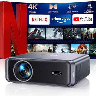 [Netflix-Licensed/Compact Design] Smart Outdoor Projector with WiFi6 and Bluetooth, 4K Supported Movie Projector, DoIby Audio w/ HDMI ARC, Built-in Apps, AI Auto Focus, Portable Home Proyector P65