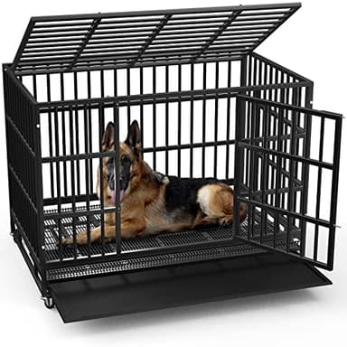 LEMBERI 48 Inch Heavy Duty Indestructible Dog Crate, Escape Proof Double Door Dog Kennel with Lockable Wheels, High Anxiety Extra Large Dog Cage Indoor Use, with Removable Tray