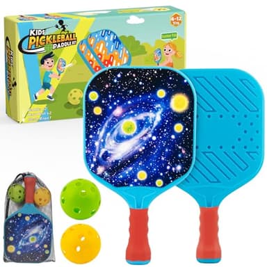 Foayex Kids Pickleball Paddles Set of 2, Easter Basket Stuffers, Outdoor Toys Beach Games, Lightweight Child-Size Pickleball Set Sports Gifts for Boys & Girls 4 5 6 7 8 Year Old - Galaxy