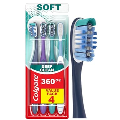 Colgate 360 Deep Clean Soft Toothbrush for 4 in 1 Bacterial Removal, Features Floss Tip Bristles and Tongue Cleaner, 4 Count