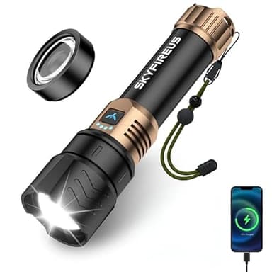 SKYFIRE 1pcs LED Flashlight and 1pcs Fire Starting Ignition Lens,5000mAh Super Bright Rechargeable Flashlight,Zoomable,Four Modes,Waterproof Flash Light for Camping Essentials,Outdoor and Home Emerge