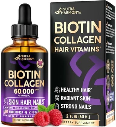 Liquid Biotin & Collagen 60,000 mcg - Vitamins for Hair Growth Support - Extra Strength Drops for Women & Men - Liquid Collagen Supplement - Strong Nails & Healthy Skin - Made in USA - 2 Fl Oz