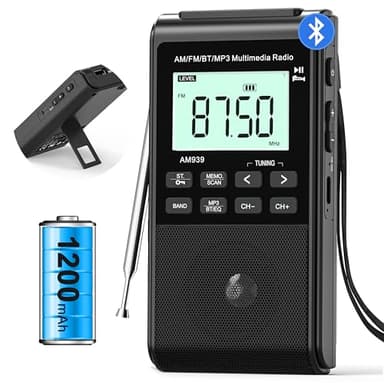 Bluetooth AM FM Radio with 1200mAh Rechargeable Battery Portable Transistor Pocket Radio with Best Reception,5W Big Speaker,LCD Screen,Earphone Jack,Support SD Card and USB MP3 Player for Jogging