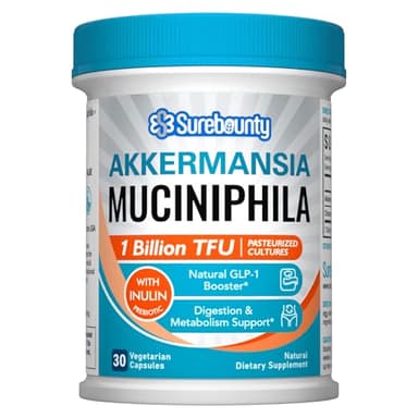 Surebounty Akkermansia Probiotic GLP-1, 1 Billion TFU, Akkermansia Muciniphila with Prebiotic Inulin Fiber, Gut Health for Men & Women, Vegan, Non-GMO, 30 Caps