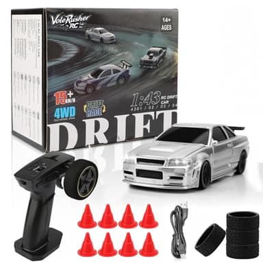 VoleRusher RC [4WD Edition 1/43 Scale Mini RC Drift Car, Toys for Age 8-14 Old Birthday Gifts, High Speed Racing Micro Small with Full Proportional RTR 2.4GHz Remote 2 Tire Sets 8 Cones - Silver