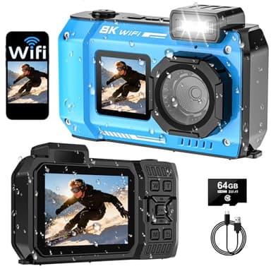 SPUNALP UHD 8K Underwater Camera, 70MP 33FT WiFi Waterproof Digital Camera with 64GB Card, Auto Focus Waterproof Dual-Screen Selfie 2500mAh Battery, 18X Floatable Digital for Snorkeling, Blue