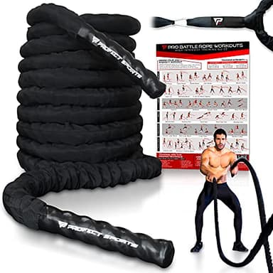 Pro Battle Ropes with Anchor Strap Kit and Exercise Poster – Upgraded Durable Protective Sleeve – 100% Poly Dacron Heavy Battle Rope for Strength Training, Cardio Fitness, CrossFit Rope (1.5” x 40 ft)