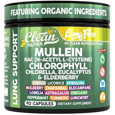 Clean Nutra Mullein Leaf Extract for Lungs Cleanse NAC Supplement Chlorophyll Chlorella Elderberry | Lung Detox for Smokers | Ginger Licorice Astragalus Oregano Turmeric Respiratory Support Capsules