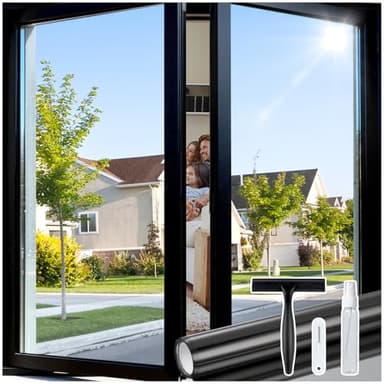 rabbitgoo One Way Window Privacy Film Tint with 3 Tools for Home, Sun Heat UV Blocking Control Reflective Adhesive Mirror Tint See Out Not in Office Door Covering, Black Silver, 17.5 x 78.7 inches