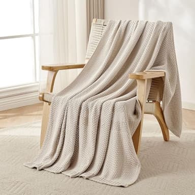 Joydeco Chunky Cable Knit Throw Blanket, Lightweight 100% Organic Cotton Soft Cozy Throw Twin Blanket for Couch Bed and Sofa, Rustic Breathable Farmhouse Blanket Gift for Women Men(Beige, 51"x63")