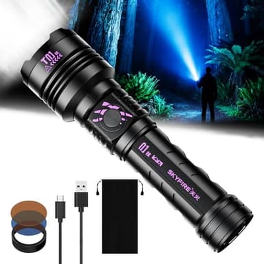 SKYFIRE LED Flashlights Rechargeable, Flashlight with 2 Color Lenses 3000lm Super Bright Zoomable 5 Modes Tactical Flash Light for Hunting, Storm preparedness,Home&Gifts(No Fire-Starting Lens)