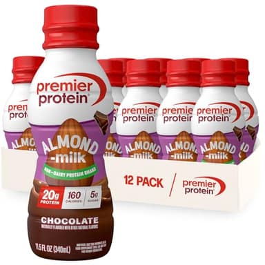 Premier Protein Non-Dairy Plant Based Almondmilk Protein Shake, Chocolate, 20g Protein, 5g Sugar, 11.5 Fl oz, 12 Count