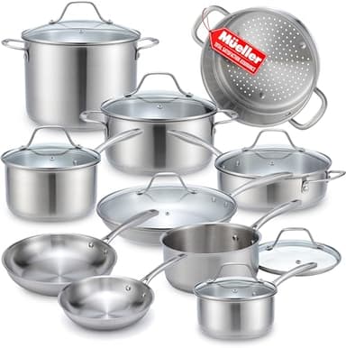 Mueller 17-Piece Stainless Steel Pots and Pans Set – Tri-Ply Ultra-Clad Pro Cookware Set, Induction Ready, Oven Safe, Even-Heat Aluminum Core, Includes Skillets, Saucepans, Dutch Oven, Stockpot