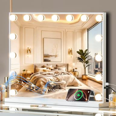 VANITII Vanity Hollywood Mirror with Lights Speaker USB Charging Lighted Makeup Mirror with Bulbs 3 Lighting Modes and Desktop Light up Mirror for Bedroom Dressing Room