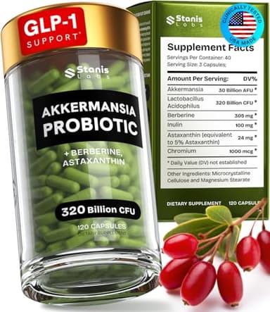 Akkermansia Muciniphila Probiotics 320 Billion CFU| GLP-1 Probiotic and Prebiotic | Akkermansia Probiotics for gut health | Inulin Prebiotic Fiber Capsules Astaxanthin & Berberine & Chromium 120 count