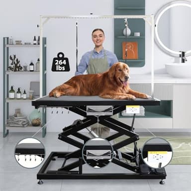 UDSONFY Electric Pet Dog Grooming Table, 50" Heavy Duty Grooming Table Professional Double X-Lift for Large Dogs Adjustable Height: 12"-45.8" Non-slip, AC Outlets, Storage Tray, 2 Nooses, Black